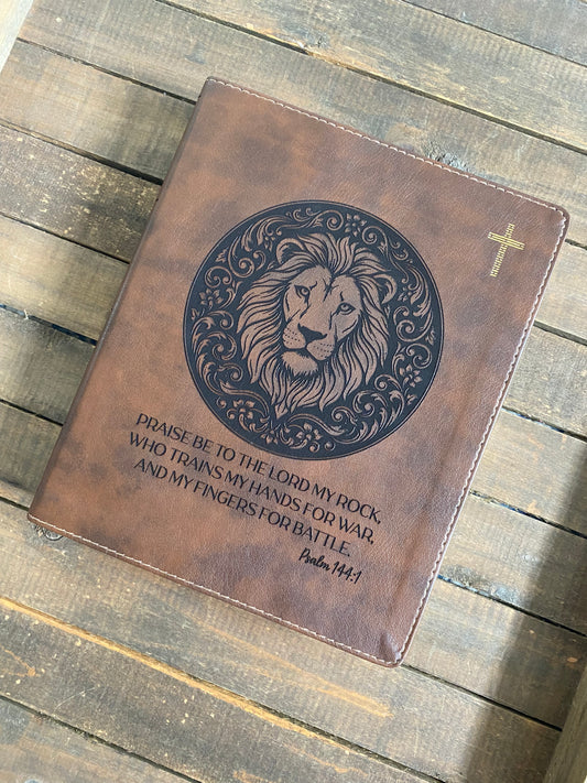 Lion Psalm 144 Engraved Bible with Black Inlay