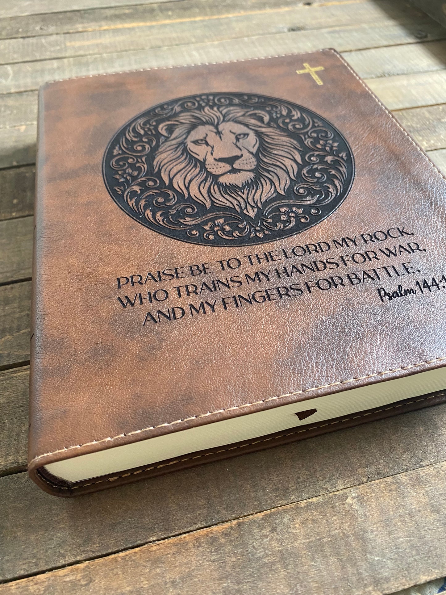Lion Psalm 144 Engraved Bible with Black Inlay