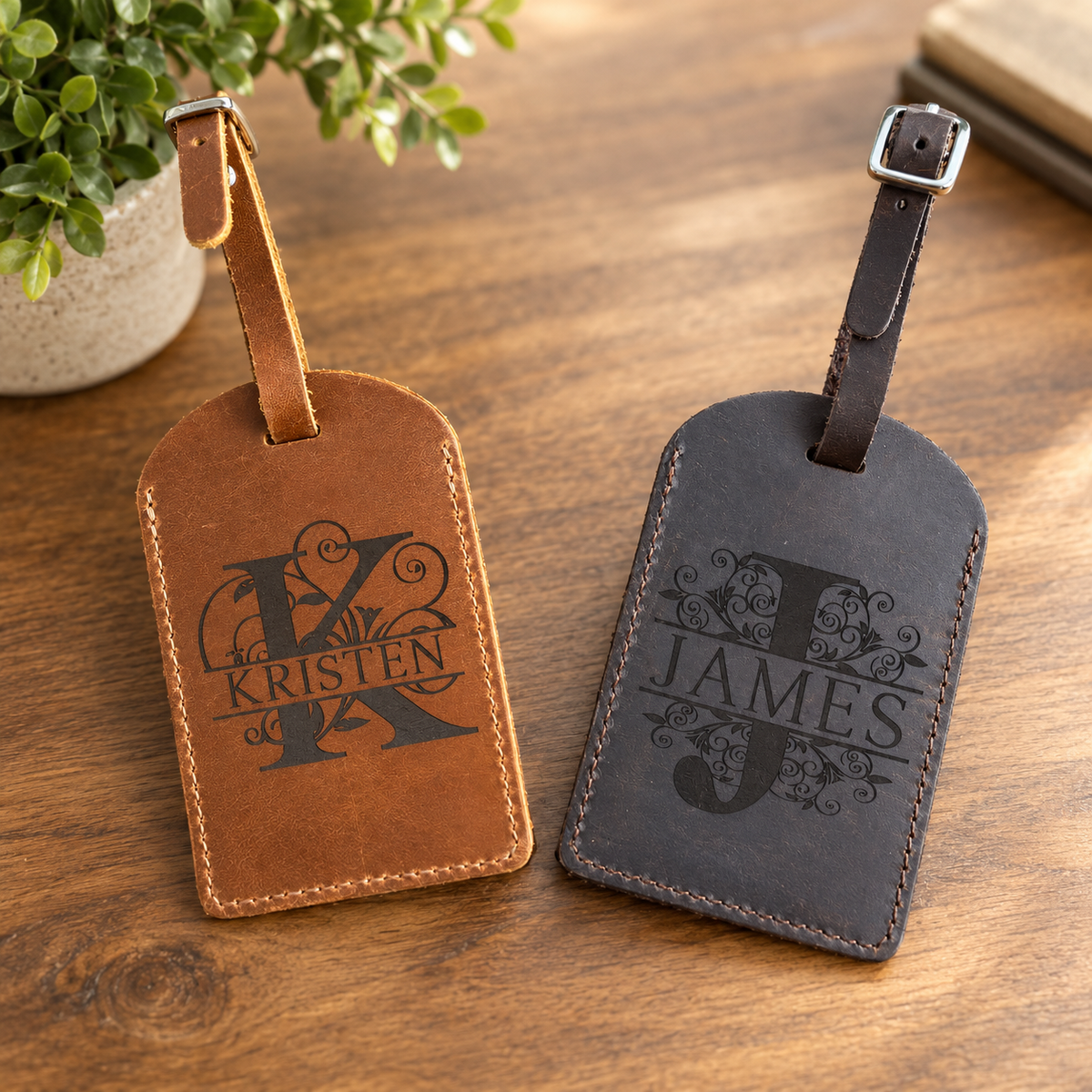 Custom Engraved Monogram Leather Luggage Tags